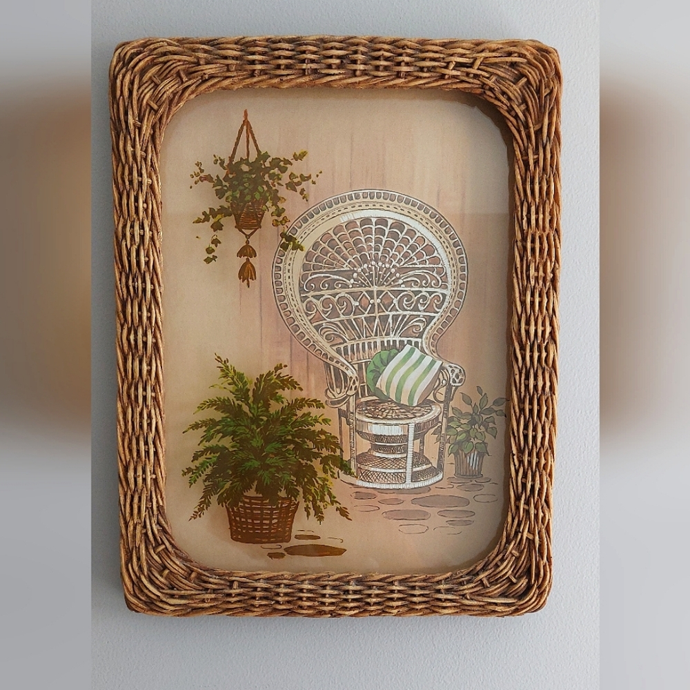 Vintage 70's wicker rattan chair and plant art